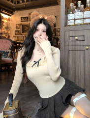 Lace lace bow long sleeve square collar sweater for women in autumn and winter pure slim fit short inner bottom sweater