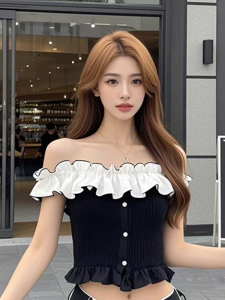 French contrasting colored black ears with one-shoulder strapless vest women's pure temperament and slim short top