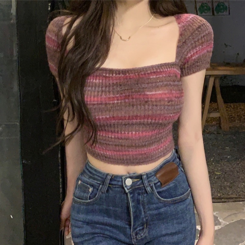 Shipped Square neck contrasting striped knitted pure erotic top short sleeves for women in summer sexy sweet hot girls short T-shirt