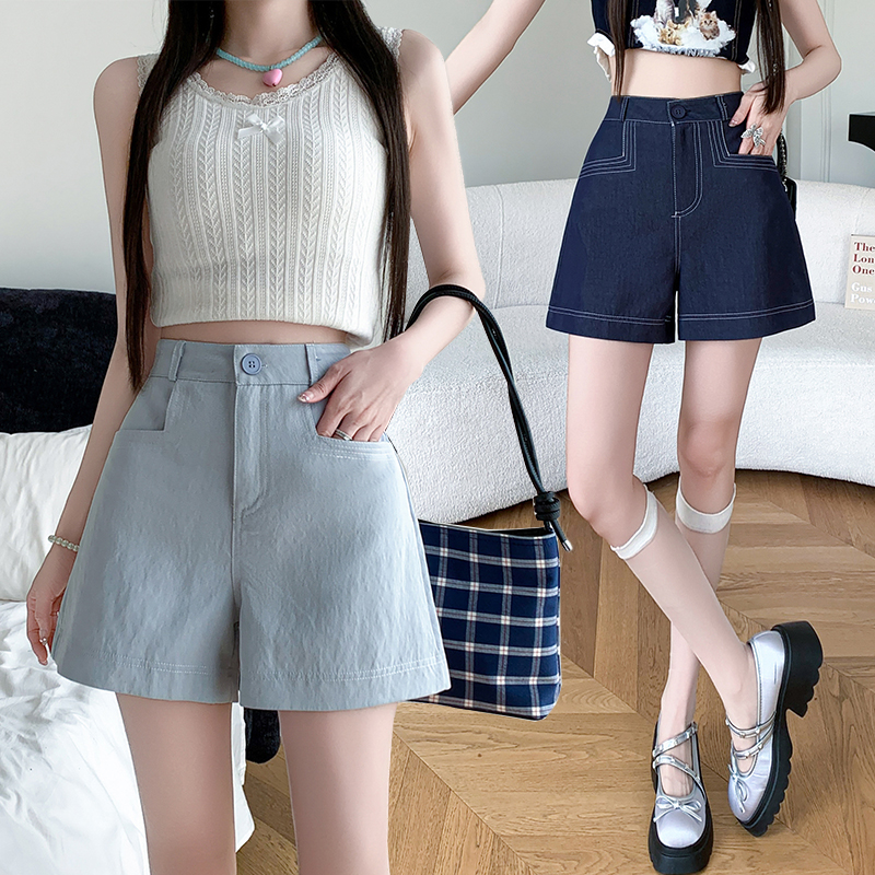 Real shot of new high-waisted Tennis denim shorts loose design retro wide-leg A-line hot pants thin women
