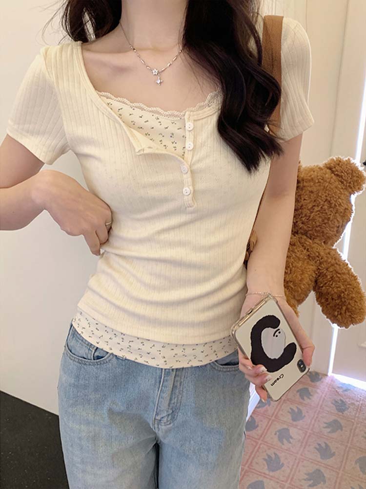 Shipped niche fake two-piece lace floral base shirt for women in summer design short-sleeved T-shirt slim body