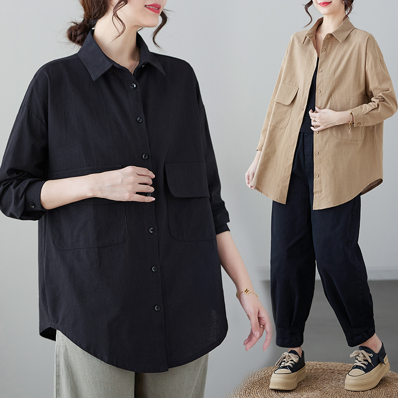 Real photo of new long-sleeved shirt for women with large pocket tops linen large size loose casual mid-length shirt