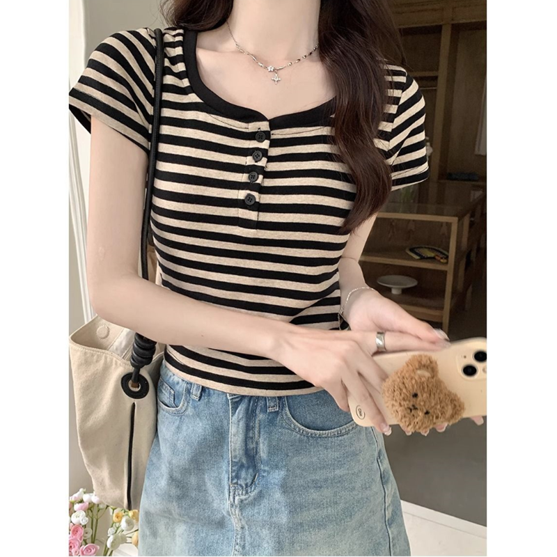 Shipped, straight shoulder striped short-sleeved T-shirt for women's pure cotton summer new half-open collar slim fit short top
