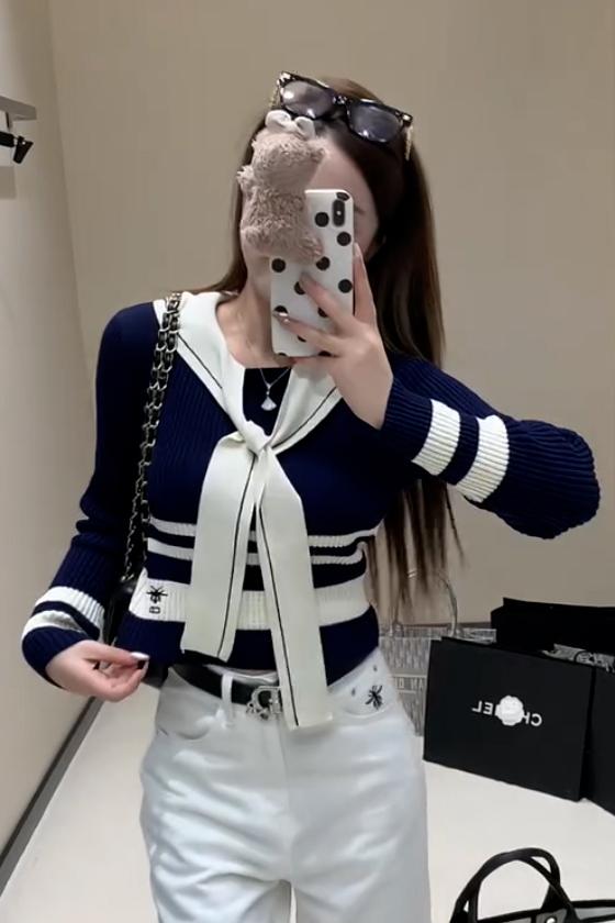 Korean style striped contrasting navy collar sweater for women's autumn new slim long-sleeved top