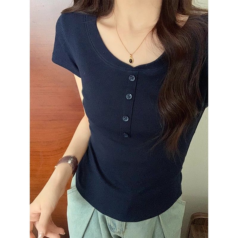 Shipped 260g 1*1 person cotton modal front shoulder short-sleeved T-shirt for women half-open collar slim base shirt top