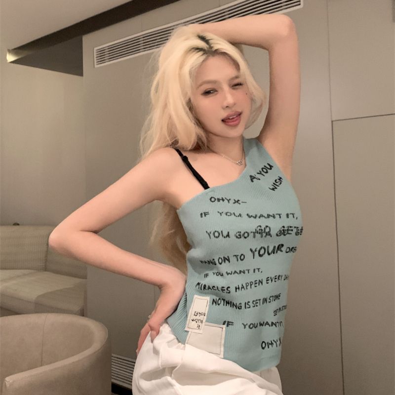 Shipped Sweet and spicy style irregular side shoulder letter printed suspender vest for women's summer temperament short top