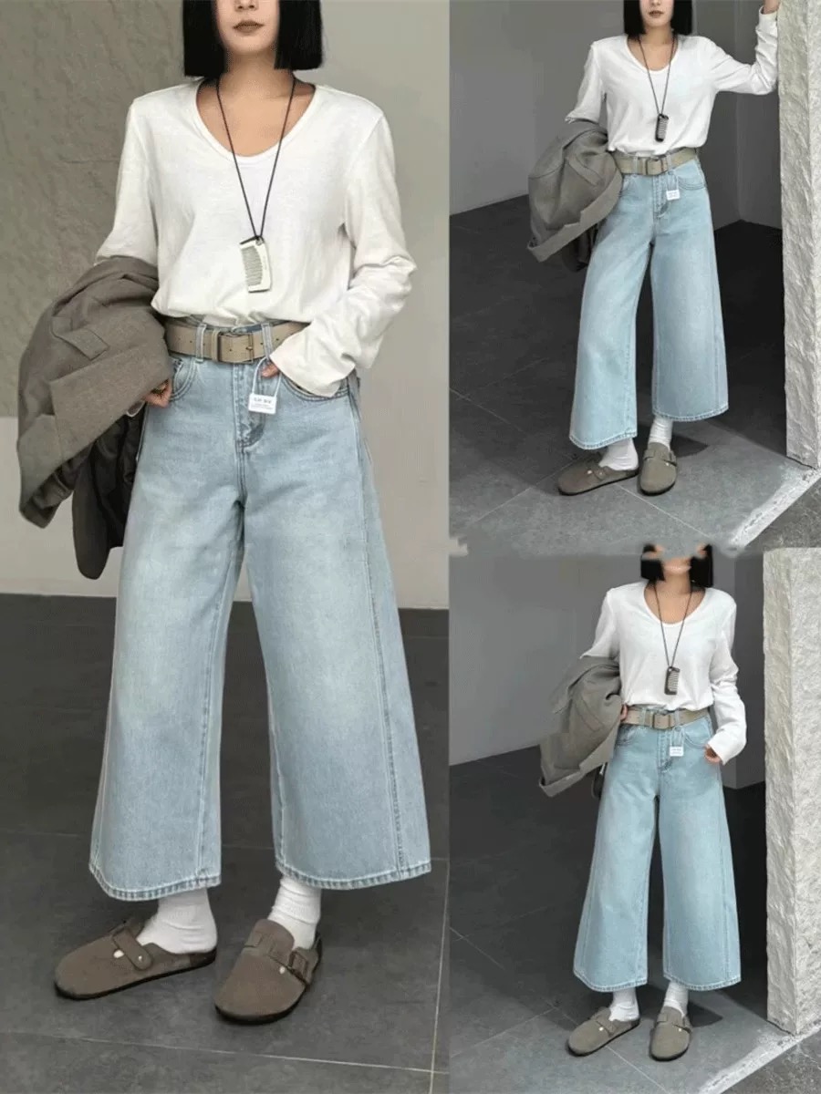 Light blue high-waisted Benshan pants nine-point wide-leg jeans for women in spring loose and slim small eight-point straight pants