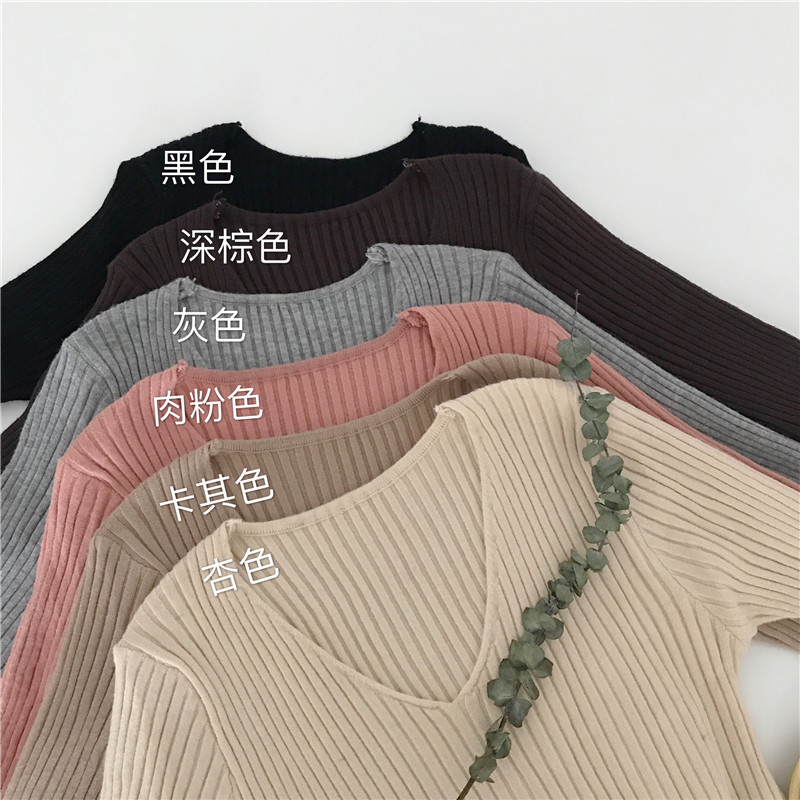 New autumn and winter women's scheming top design sense sexy tight v-neck knitted base shirt low-neck sweater