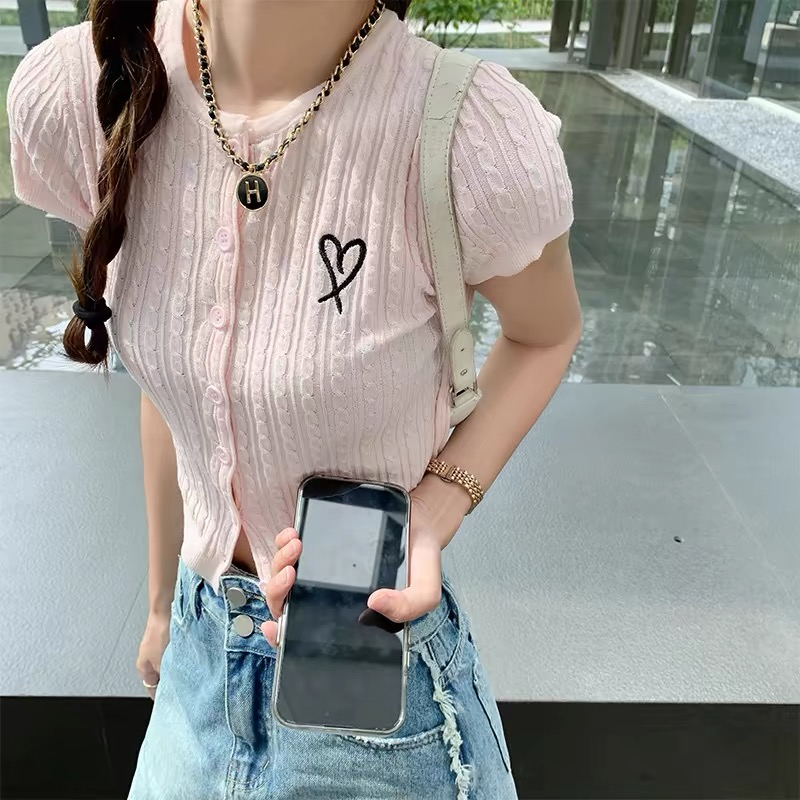 Shipped Sweet Full Score Short Sleeve Sweater for Women's Summer Thin Korean Academy Style Chic Front Shoulder Top