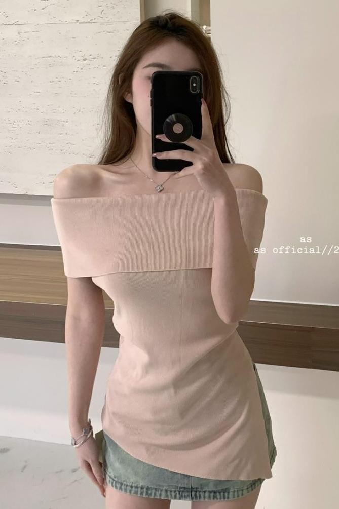 Shipped 2025 Spring and Summer New Style Beveled Slit One-Shoulder Slim Knitted Solid Color Top