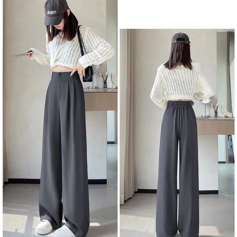 Narrow version of draped wide-leg pants for women in spring and summer black straight-leg floor trousers high-waisted slim professional casual suit pants