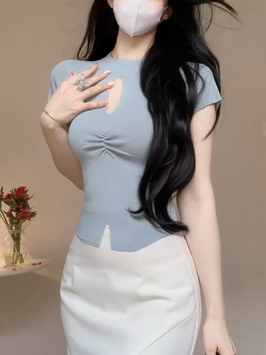 Shipped Hollow quality knitted summer ladies ice silk knitted slim t-shirt sexy thin short top