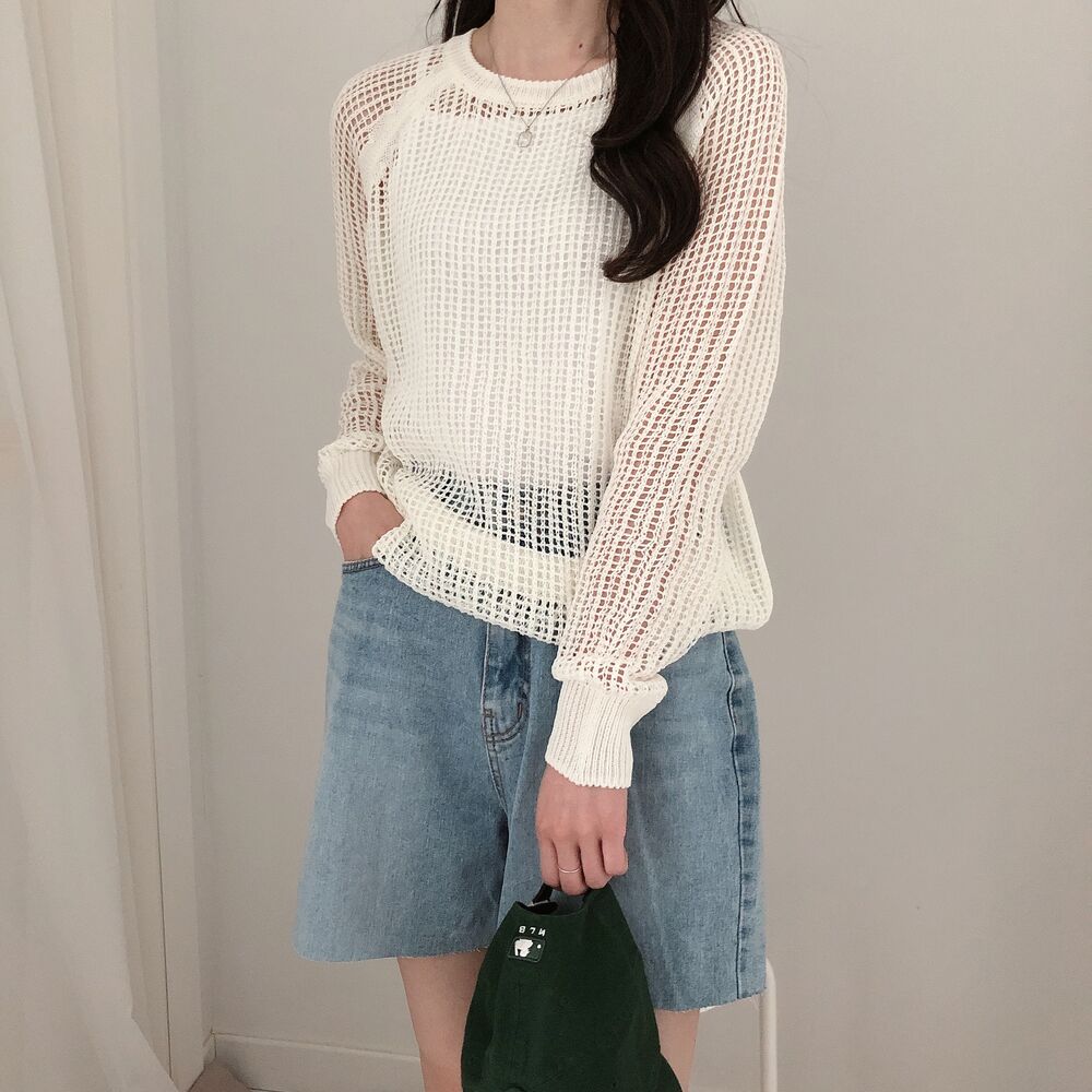Original hollow blouse, lazy style, summer slightly translucent long-sleeved ice silk sweater, sweater, solid color, thin medium-length style