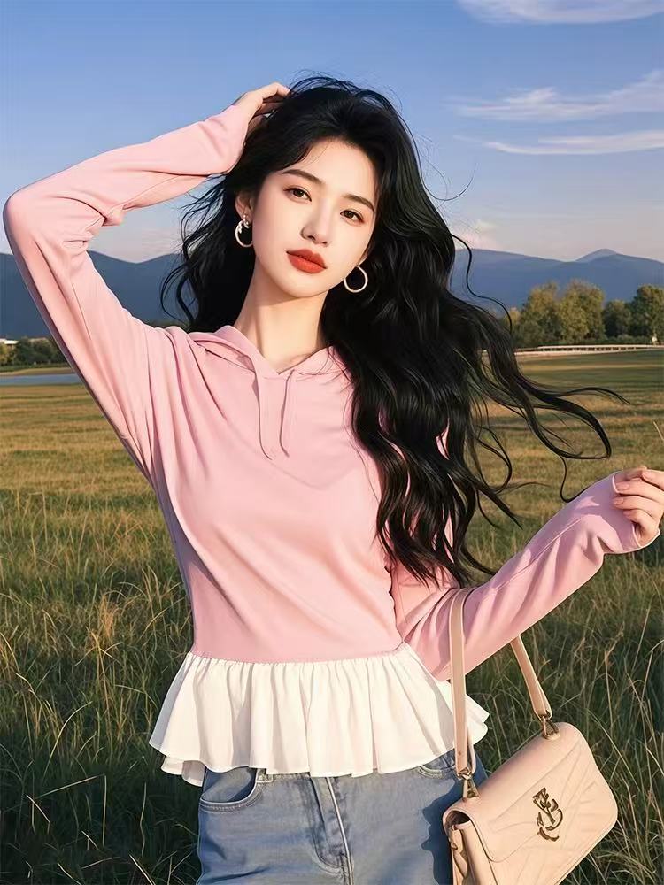 Pink hooded long-sleeved T-shirt spring clothes for women 2025 new base shirt chic unique beautiful top