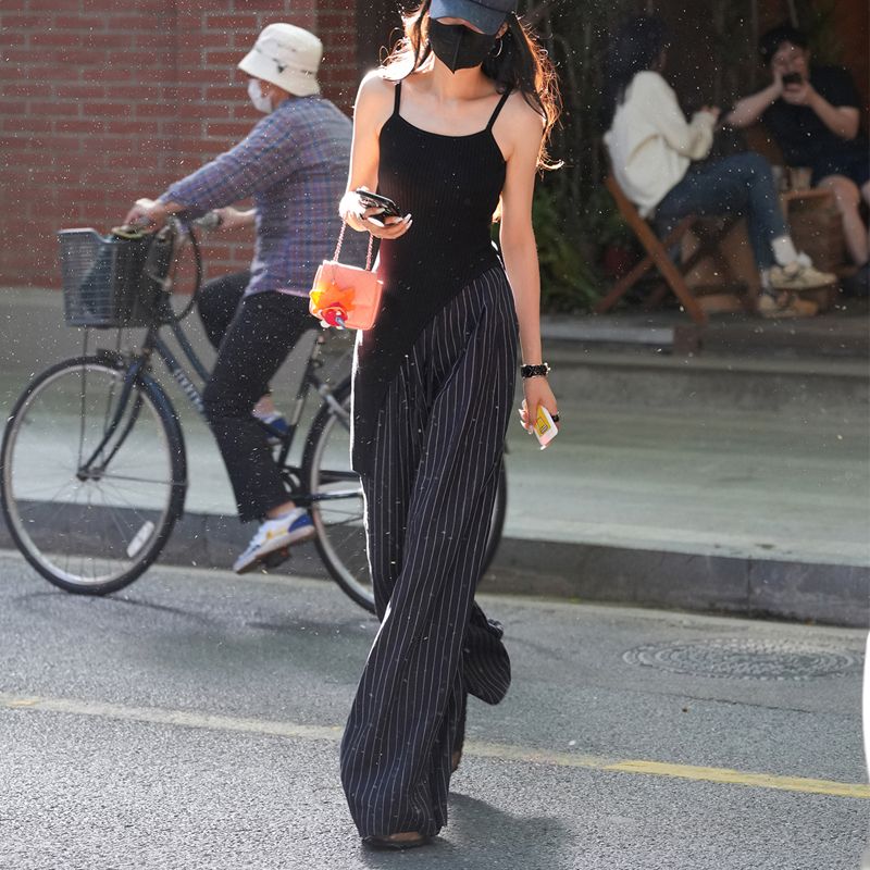 Striped casual wide-leg pants for women in summer new design retro versatile loose slim walking pants