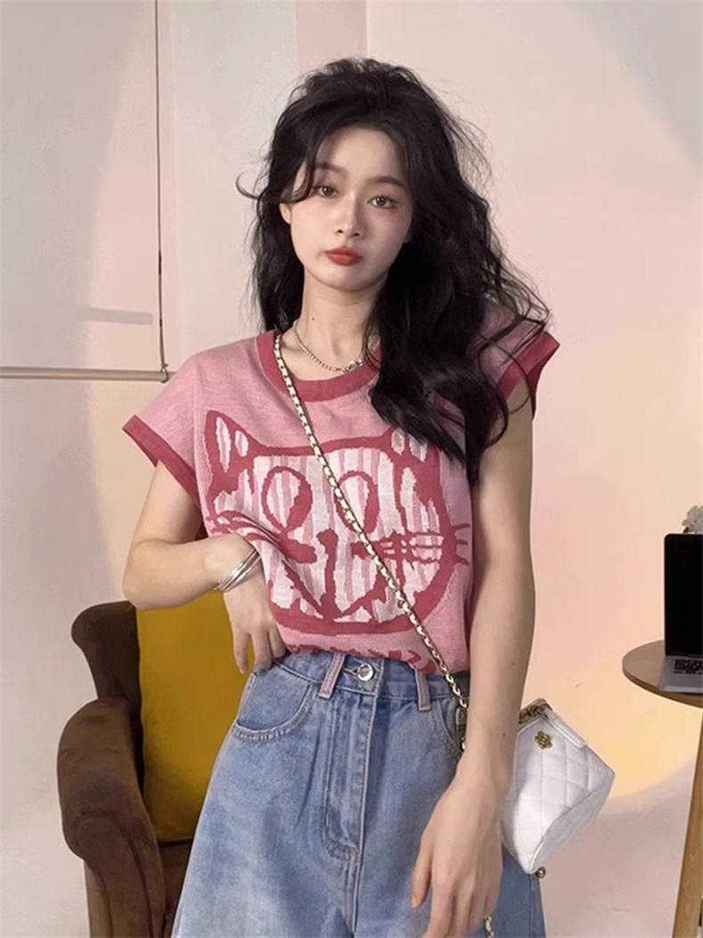 Short-sleeved letter casual ice silk sweater for women new summer Korean loose printed thin versatile temperament top