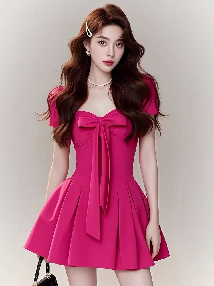 A colorful rose red dress in summer 2025 new design, waist-hugging and slimming French temperament dress
