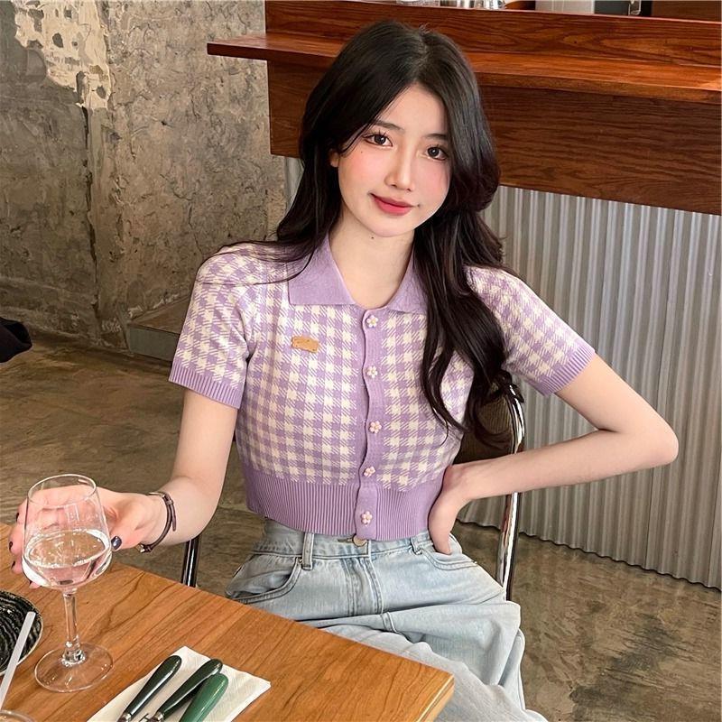 Hong Kong style spring and summer cardigan lapel knitted niche style short-sleeved versatile fresh top for women