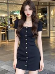 Hepburn style black square neck short-sleeved dress for women early spring 2025 new small slim fit slim hip short skirt