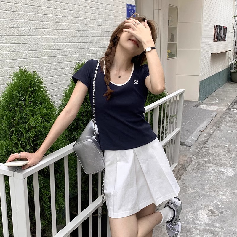 Shipped 92 cotton/8 spandex 40 210g pure cotton Embroidered U-neck short-sleeved basic T-shirt for women