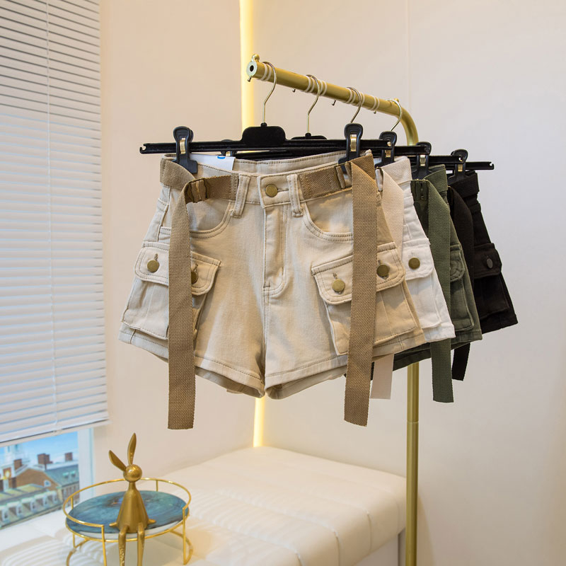 American retro belt with high waist large pocket work style shorts A-line long legs khaki casual pants hot pants