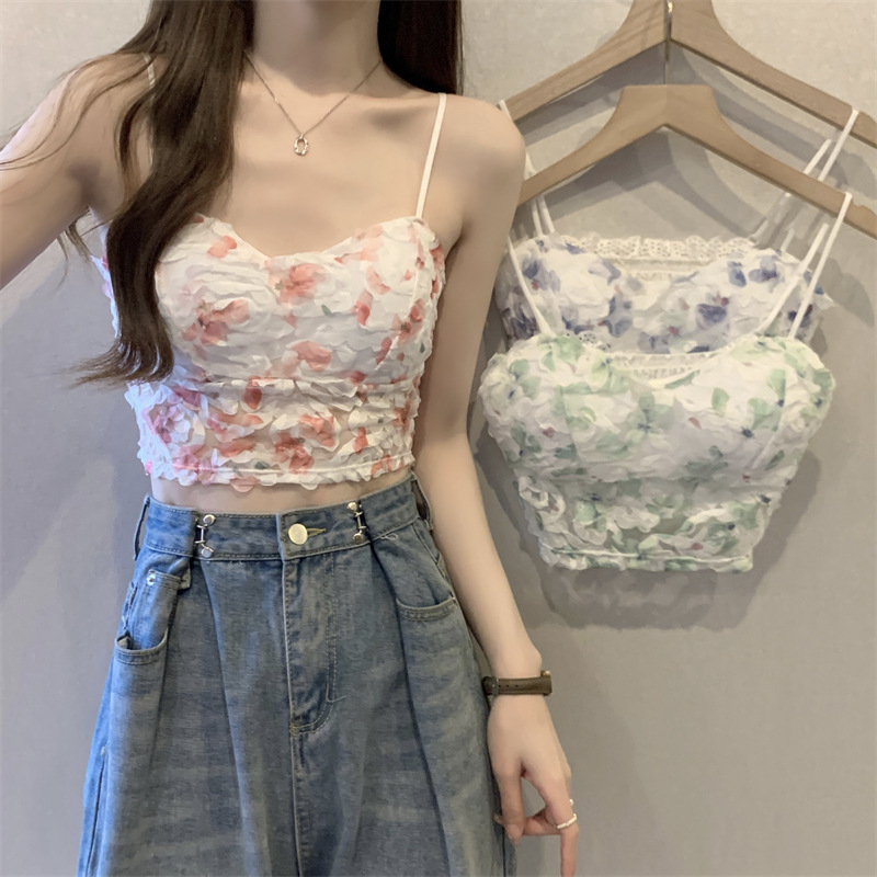 Has shipped lace rose floral pastoral style small suspender vest sexy pleated breast pad girl top