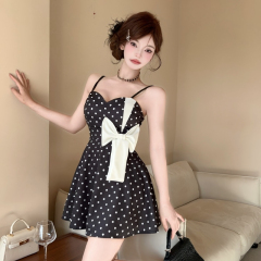 Pure sexy polka dot bow strapless one-shoulder dress with base tight waist A-line skirt