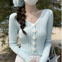 French small fragrance style three-dimensional camellia v-neck sunscreen knitted cardigan for women's thin ice silk blouse shawl