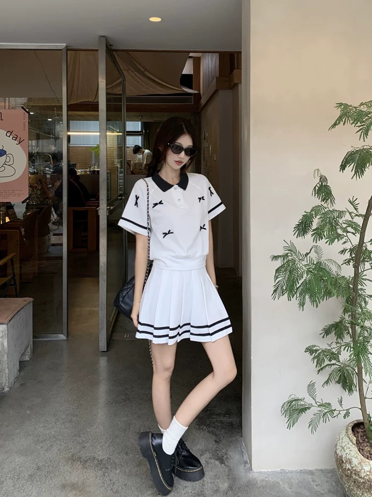 TOP Korean college style casual suit for women 2025 summer bow Polo collar top pleated skirt two-piece set
