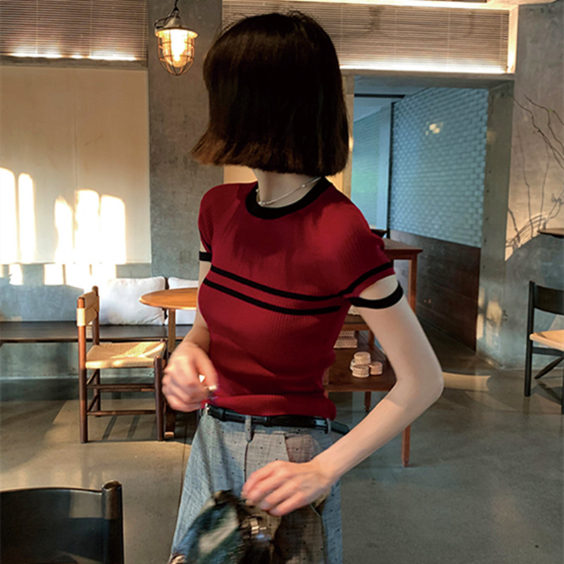French red striped short-sleeved knitted top for women in summer tight slim flying sleeves short ice silk shoulder T-shirt
