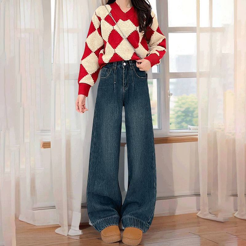 Niche personality trendy jeans for women in spring and autumn new high-waisted meat covering retro slimming and wide-leg jeans