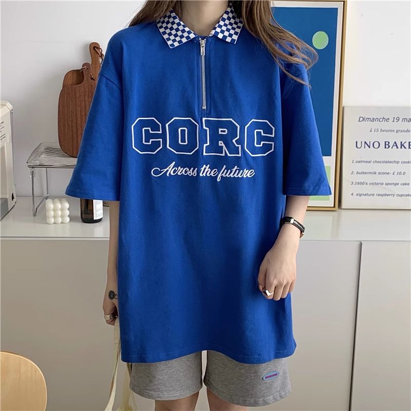 Real shot 6535 cotton chess board plaid letter embroidery design zipper Polo shirt short-sleeved T