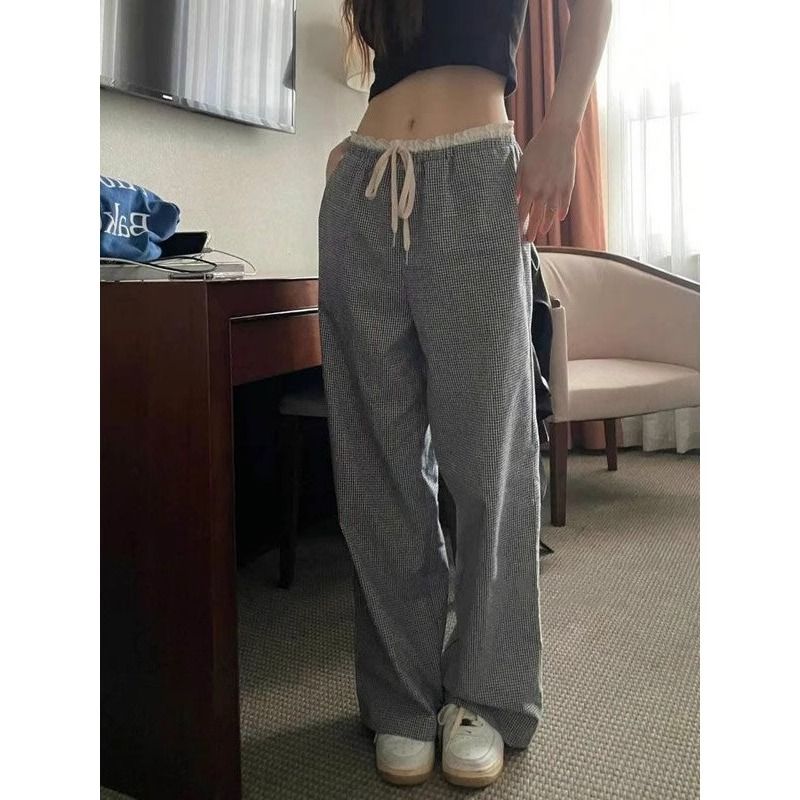 2025 retro spliced ​​small plaid wide-leg pants for women in spring and summer thin loose slim straight pants plaid casual pants
