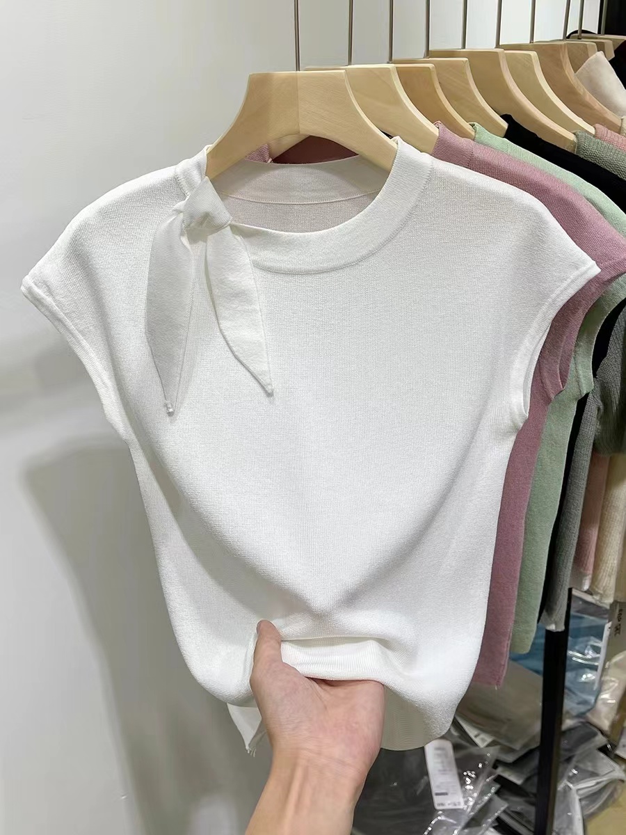 Lace-banded round neck ice silk short-sleeved sweater for women in summer new slim and versatile small flying sleeve shirt top