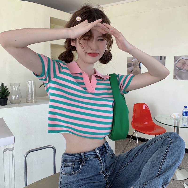 Shipped hot girl contrasting color polo collar striped short-sleeved T-shirt for women in summer slim high waist navel exposed short top