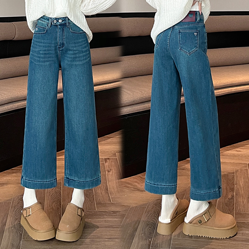The style is too straight!  Retro blue straight jeans for women 2025 spring new nine-point loose slimming wide-leg pants