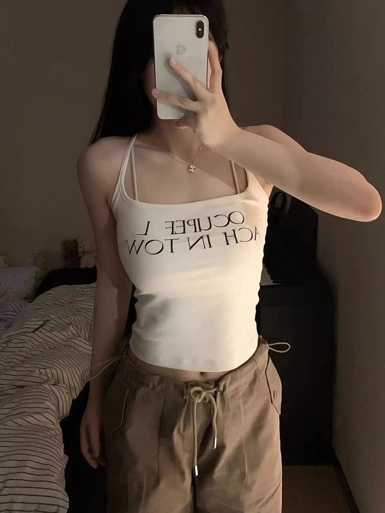 Shipped 210g 40 1*1 pure cotton letter printed suspender vest for women slim sleeveless short top