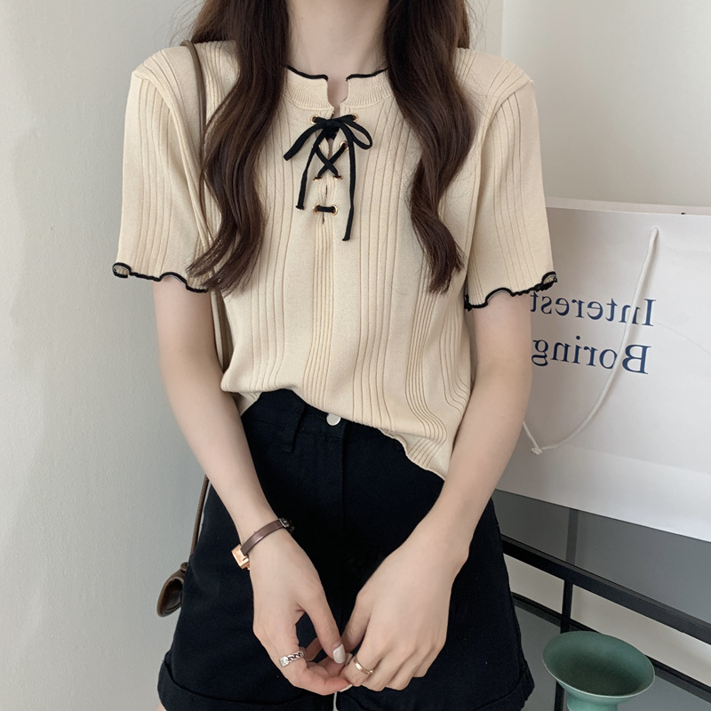 Shipped Summer lace-up black ears knitted shirt short-sleeved T-shirt design niche short base top trendy