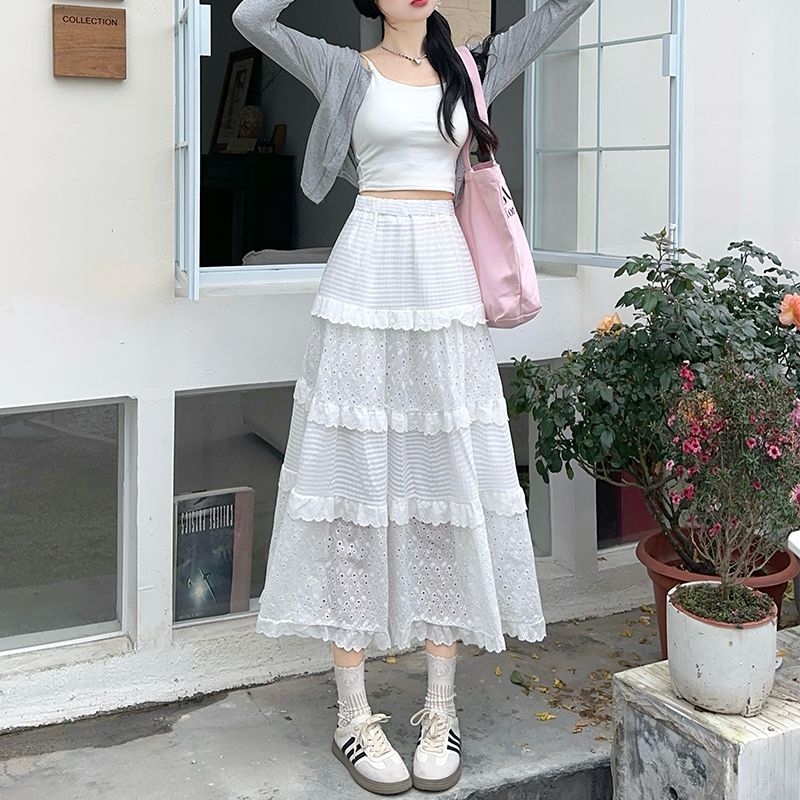 Summer French high-waisted A-line long skirt white hollow lace skirt versatile gentle style cake skirt umbrella skirt
