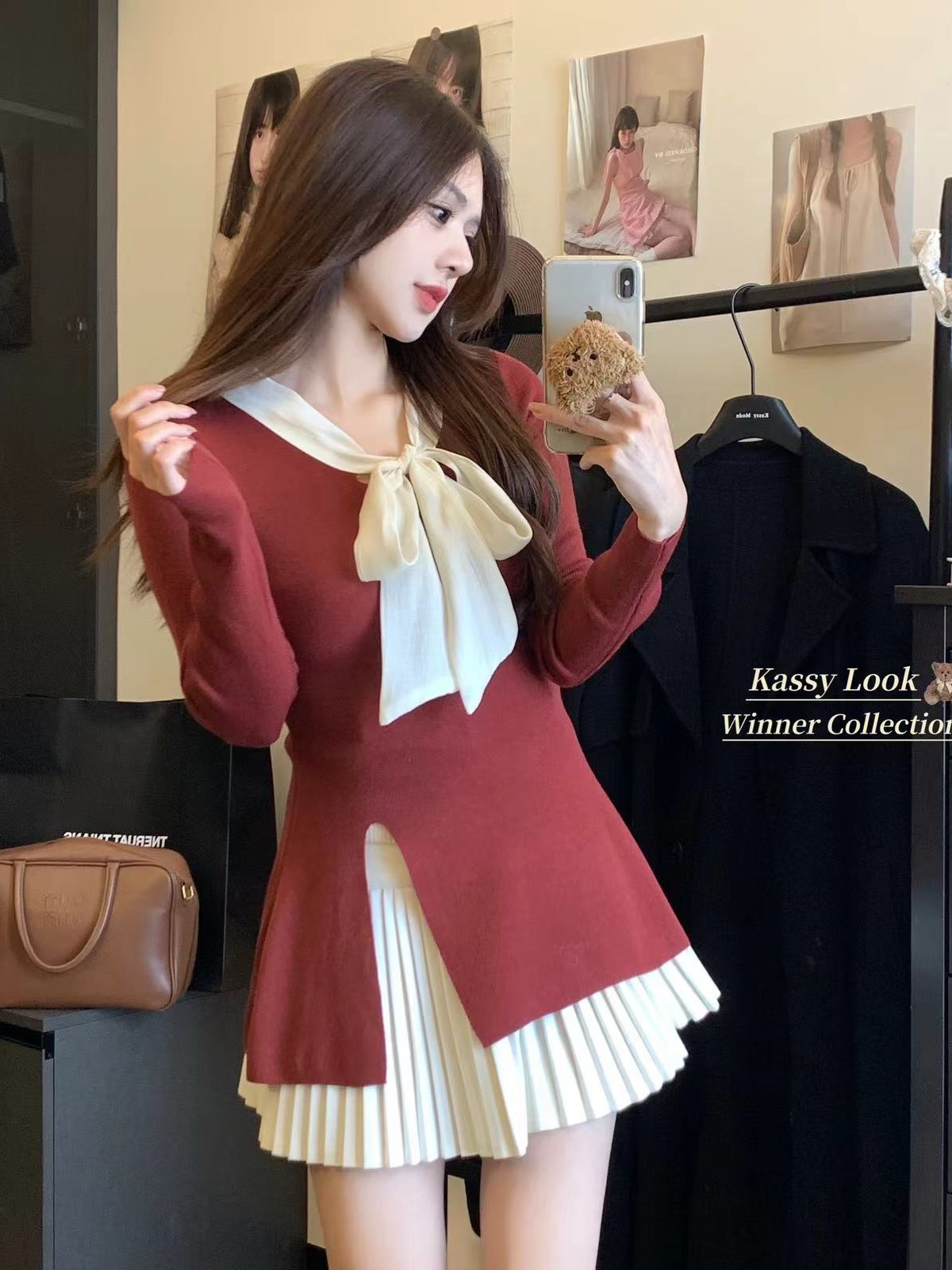 French three-dimensional bow red long-sleeved sweater for women in autumn Encore wear slim fit slit base top