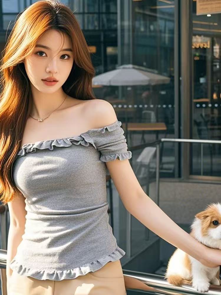 Gray black ears with one shoulder strapless vest women pure lustful hot girl slim and short top