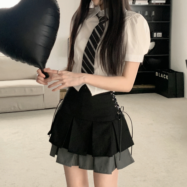 Real shot #Spring and summer double-layer color-blocking strap skirt with pleated irregular short A-line slim hot girl skirt shirt suit