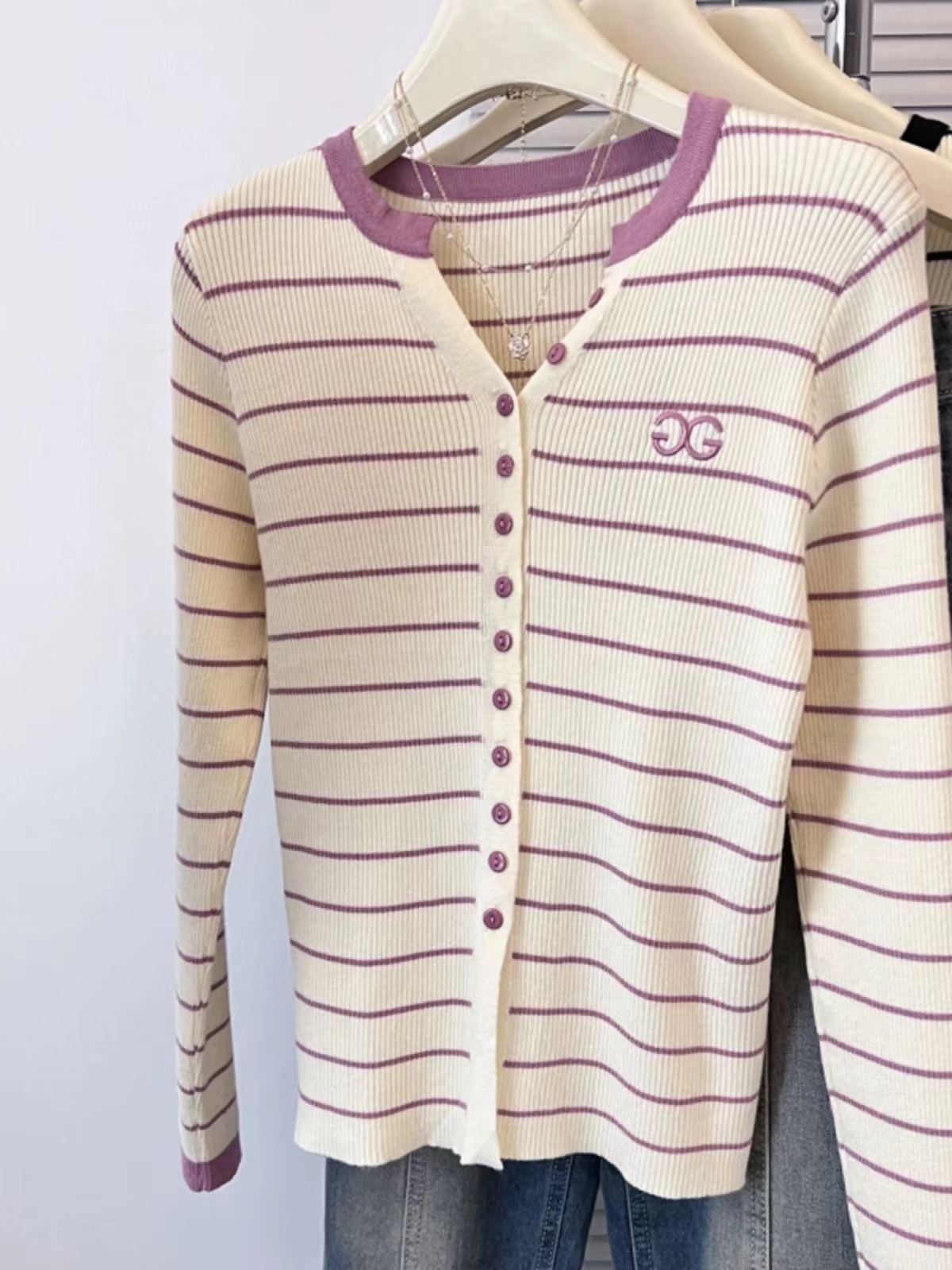 Autumn jacket for women new style high-end candy color knitted cardigan striped long-sleeved top for women