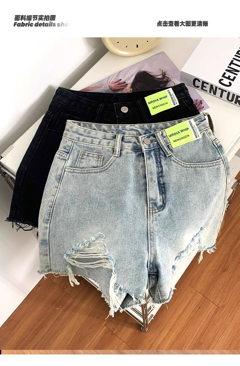 Black denim shorts for women with breasted high waist summer 2025 new A-line slim hot girl ripped hot pants