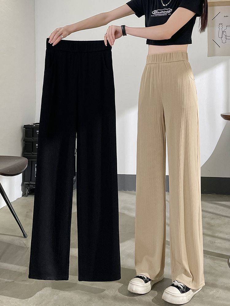 Pleated wide-leg pants for women in summer thin high waist drooping spring and autumn loose casual narrow version ice silk straight pants