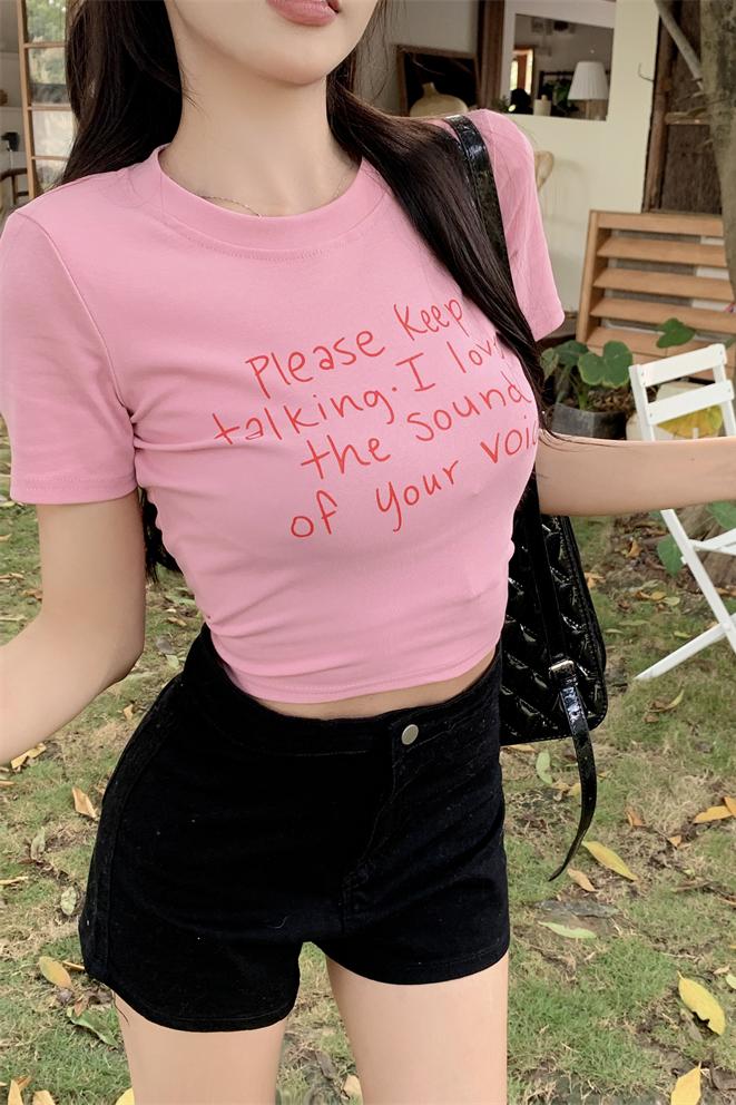 Shipped American fun letter short-sleeved T-shirt for women in summer new hot girls waist-exposed navel-exposed base shirt