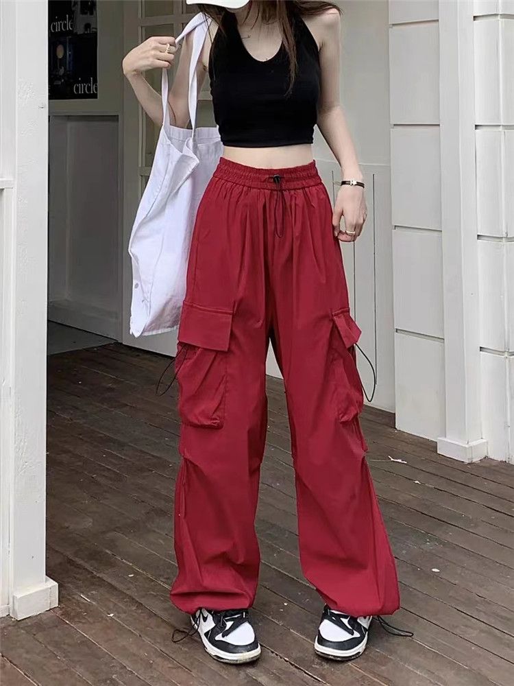 American red work pants for women in spring and autumn thin casual loose retro high street jazz straight casual sports pants