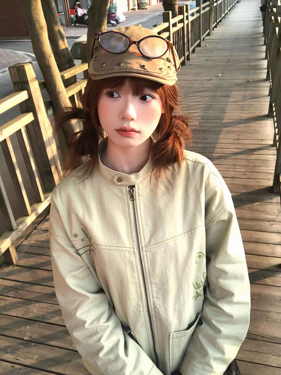 Japanese retro work jacket for women spring print zipper cardigan jacket overzize loose casual top trendy