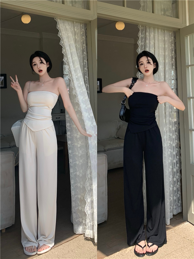 Has shipped hot girl spring and summer sexy floor trousers high waist slim drooping wide-leg pants two-piece set