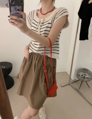 Square collar hollow striped short-sleeved sweater for women in summer thin ice silk design niche lace-up top trendy